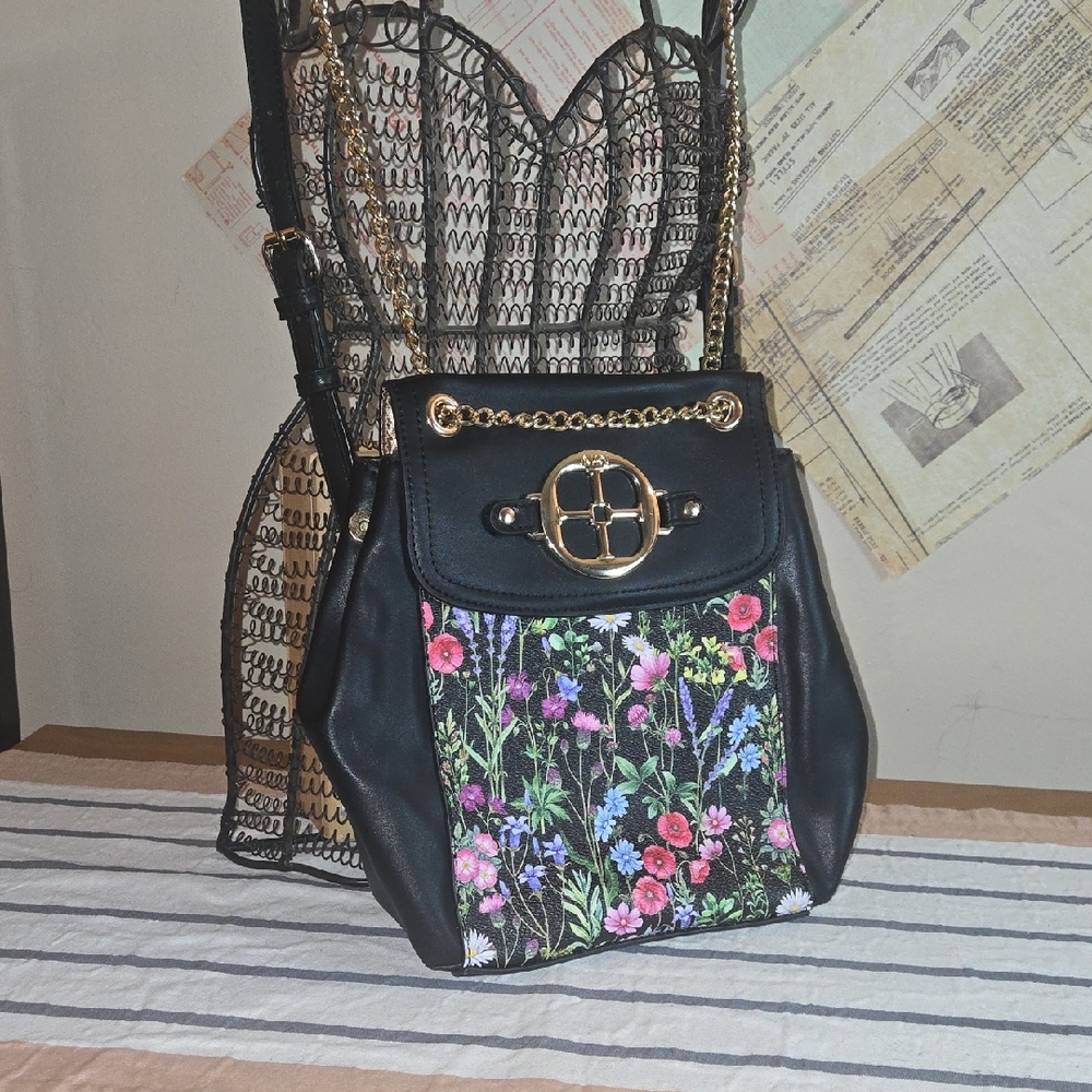 IMAN Floral Embroidered Black Handbag